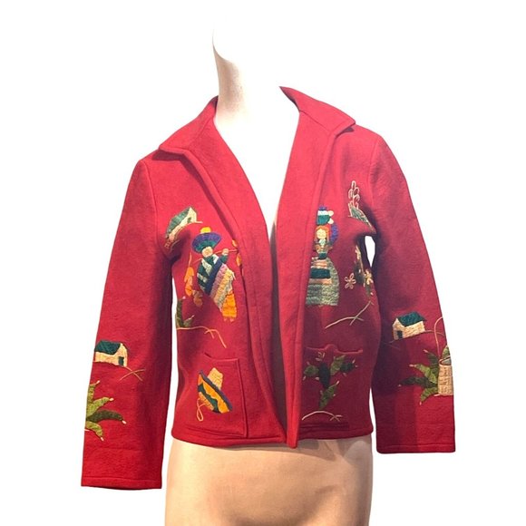 Vintage Handmade Embroidered Sweater Jacket Village Farmer Setting OOAK - Picture 2 of 16